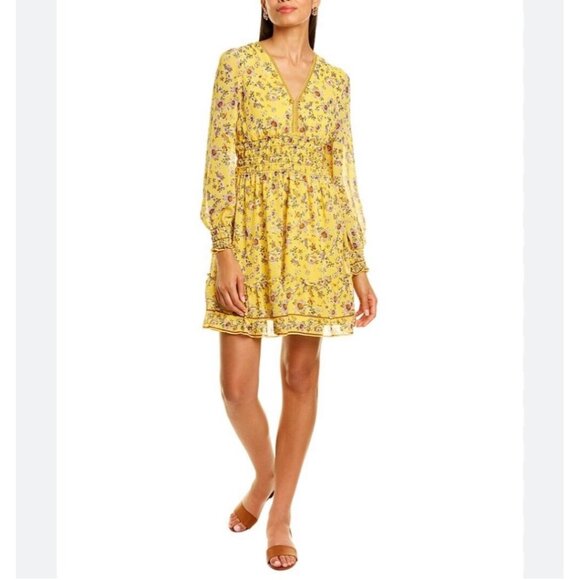 Max Studio Georgette Dress Size Large Yellow Floral Country Western Short - Picture 1 of 11